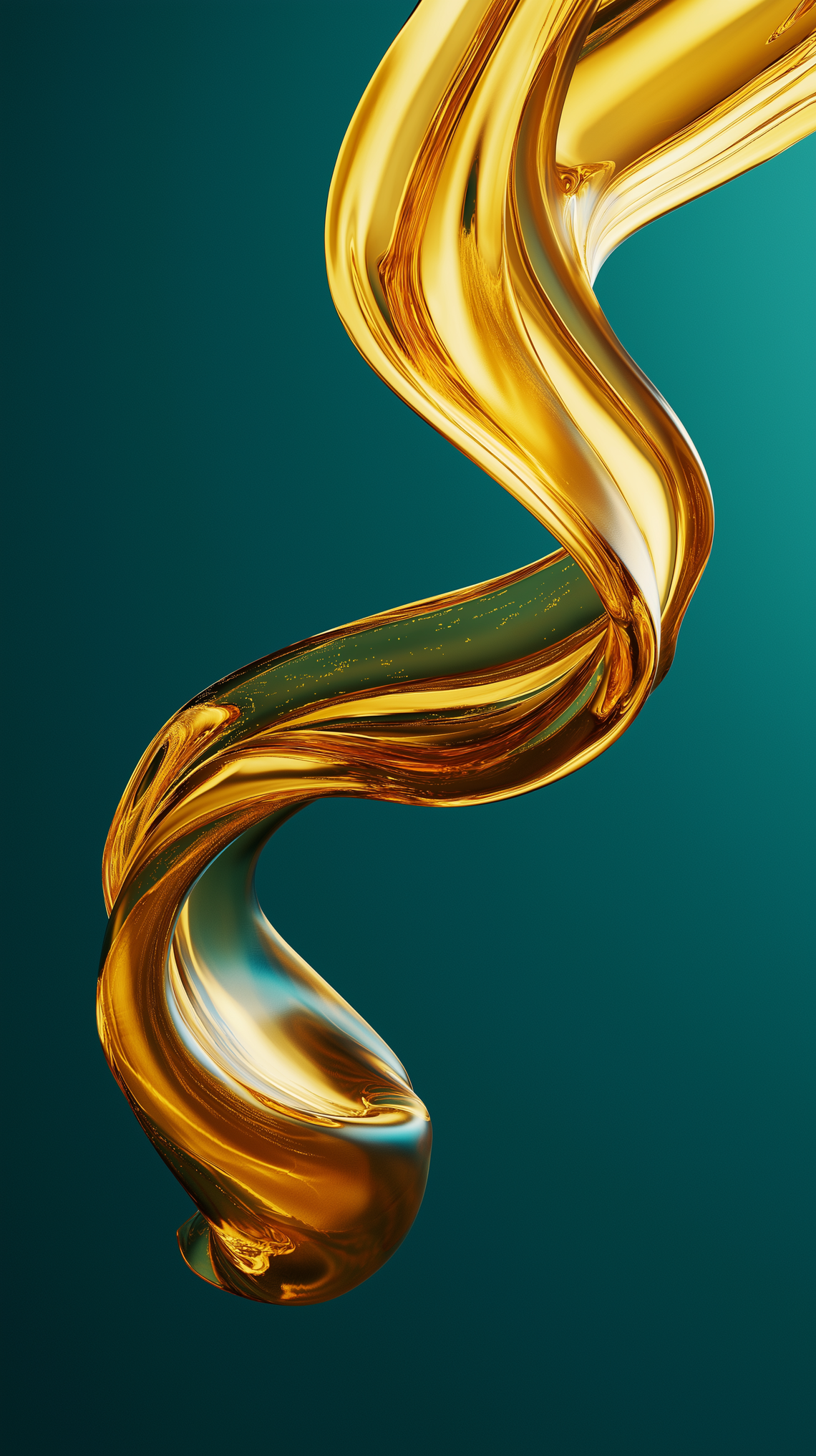 Flowing golden oil in a spiral shape against dark blue-green background, long exposure effect