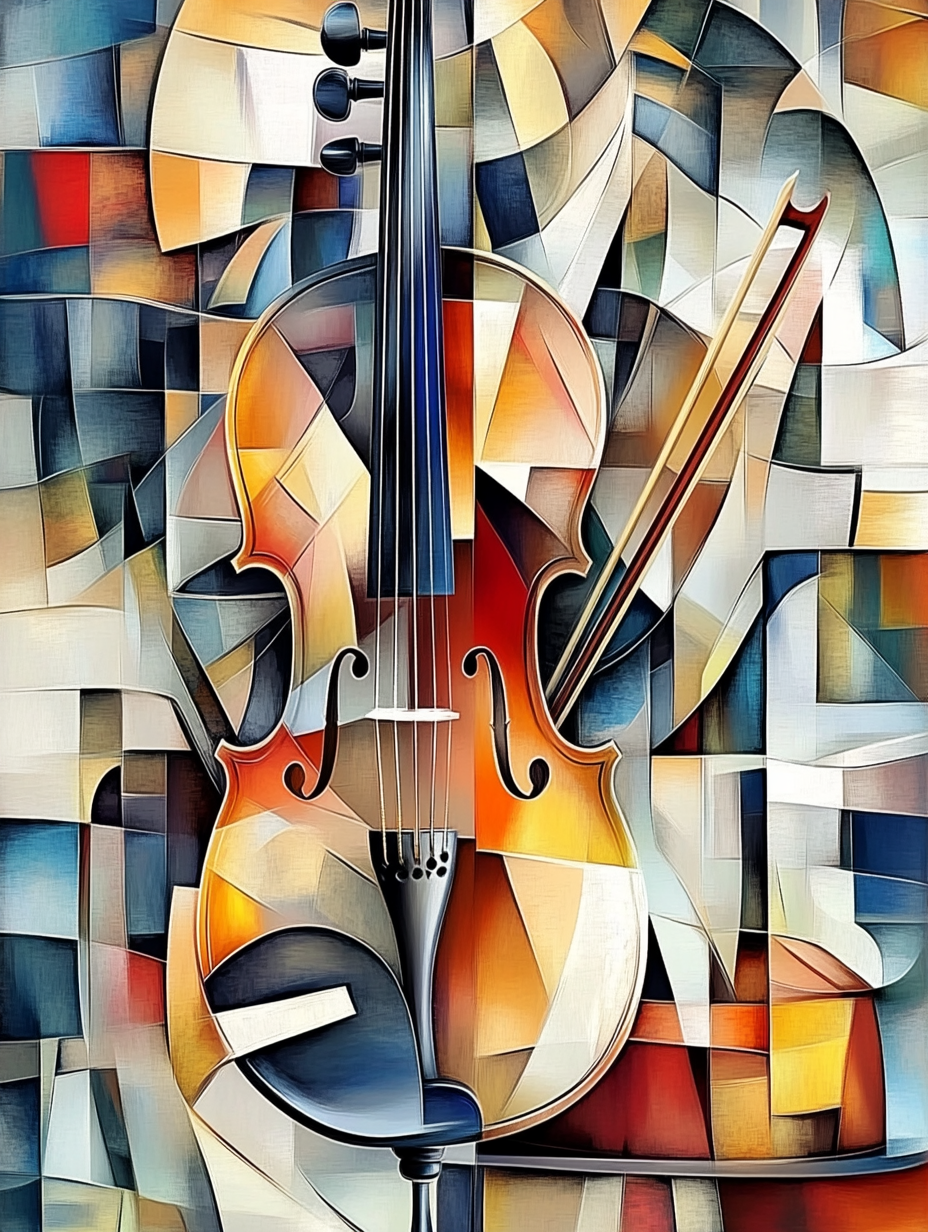 Abstract digital painting of a violin, case, and bow in orphism and cubism styles