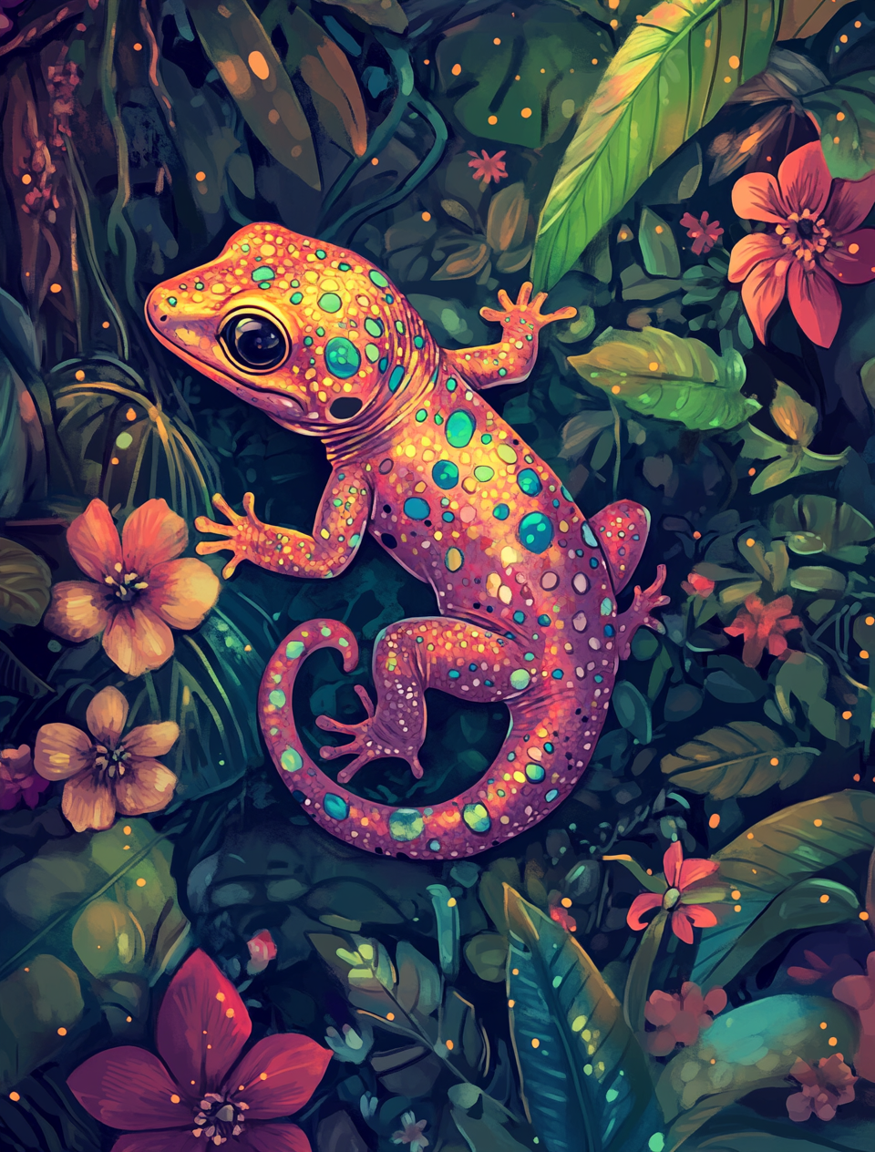 Full-body portrait of a cute baby gecko in the jungle with polka dots and colorful flowers