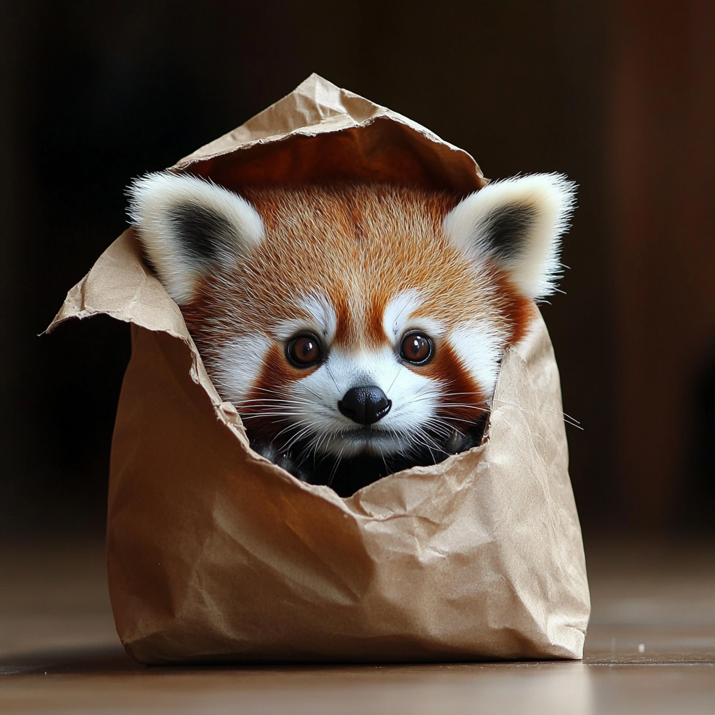 Red panda peeking out of a bag, photography style