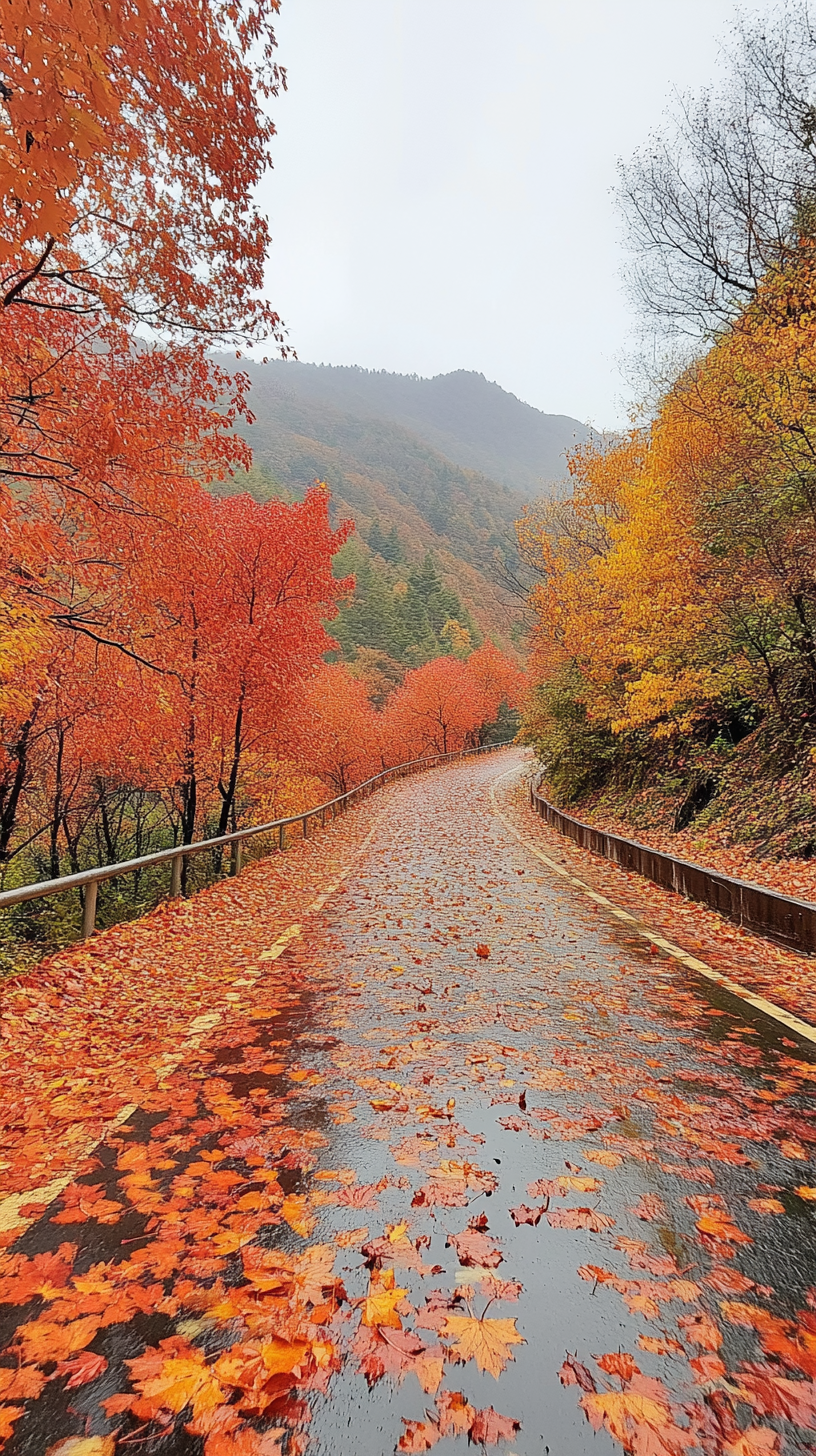 Winding mountain road in Daxing'anling, flanked by red and yellow maples after rain