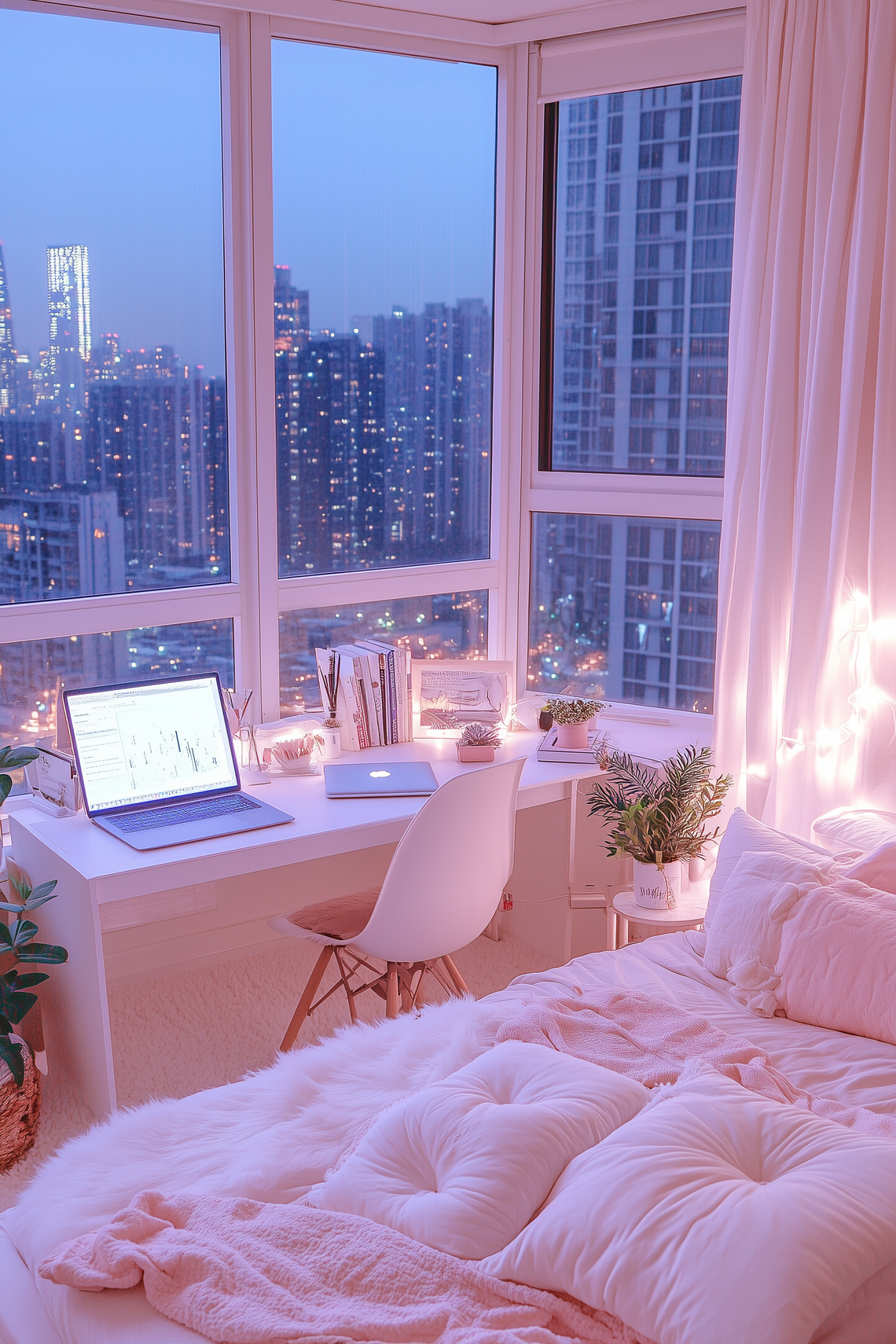 Small bedroom with large windows, pink quilt, white pillows, and a view of the city nightscape