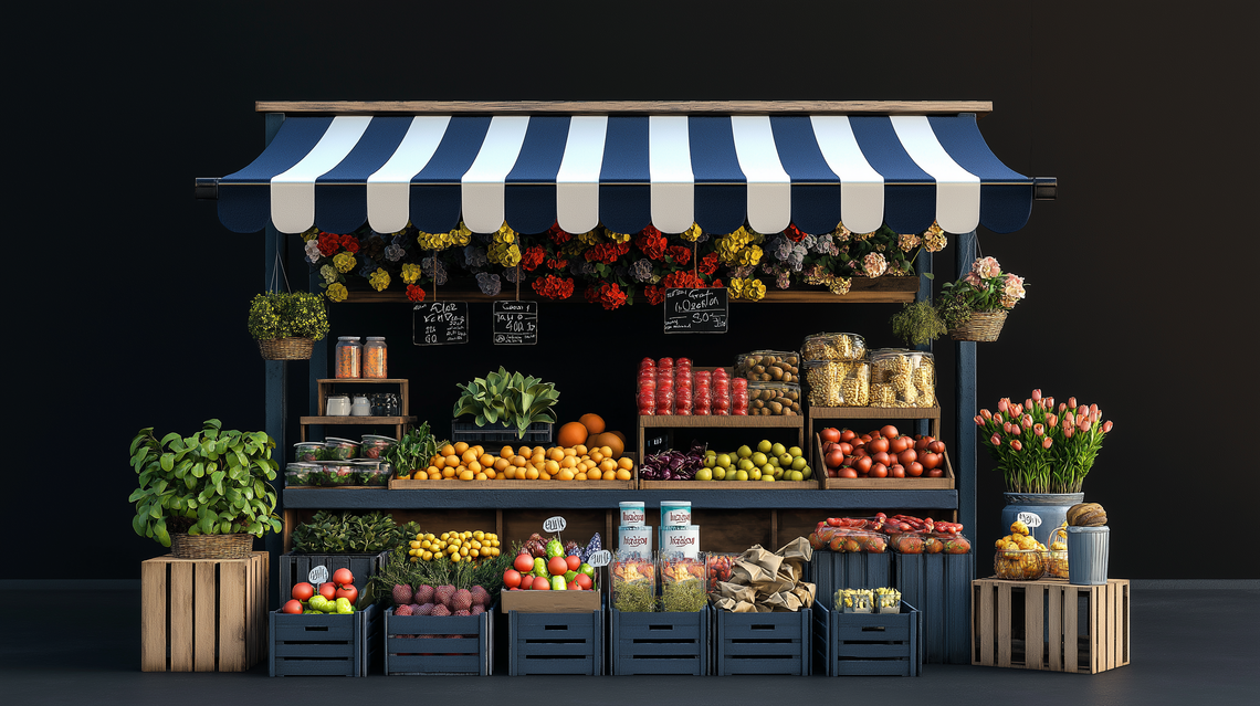 Modern blue and white farmers market stand with crates of produce, flowers, and baked goods