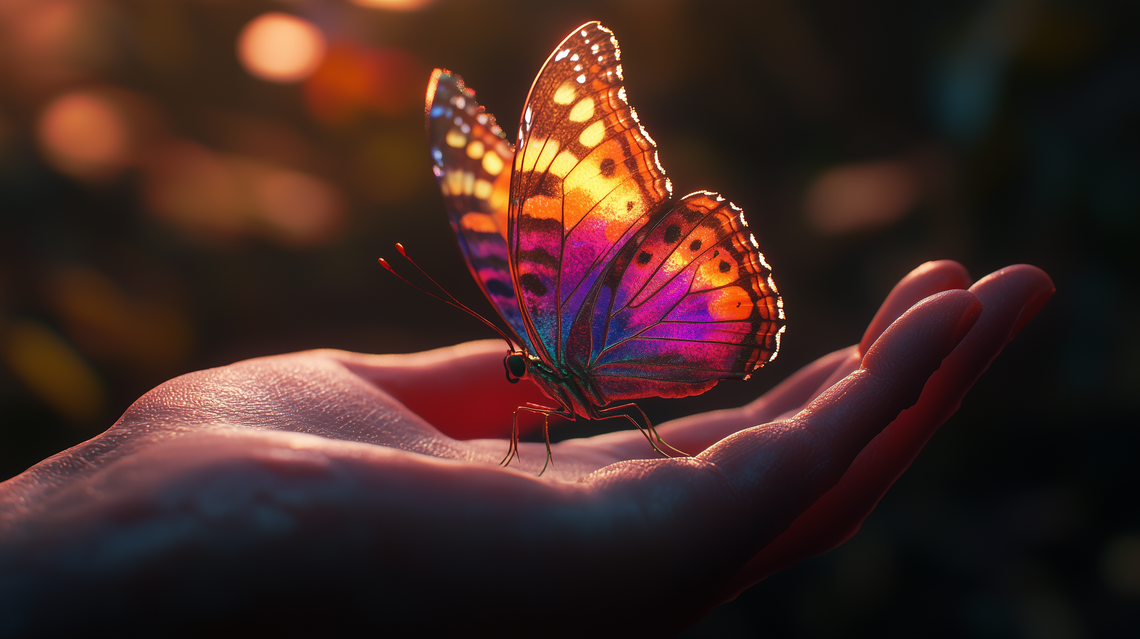 Side view of a detailed butterfly in purple, yellow, and orange perched on a hand, with cinematic lighting