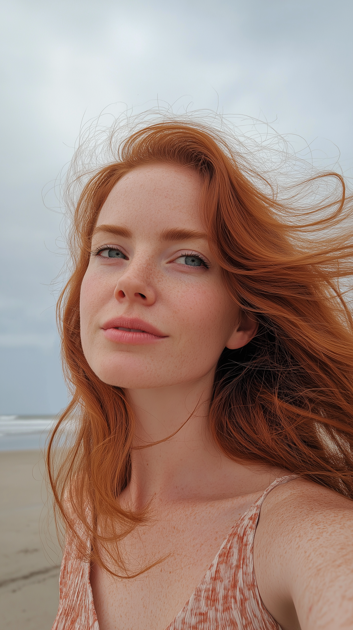 Candid beach shot of redhead woman with ginger hair and prominent jawline