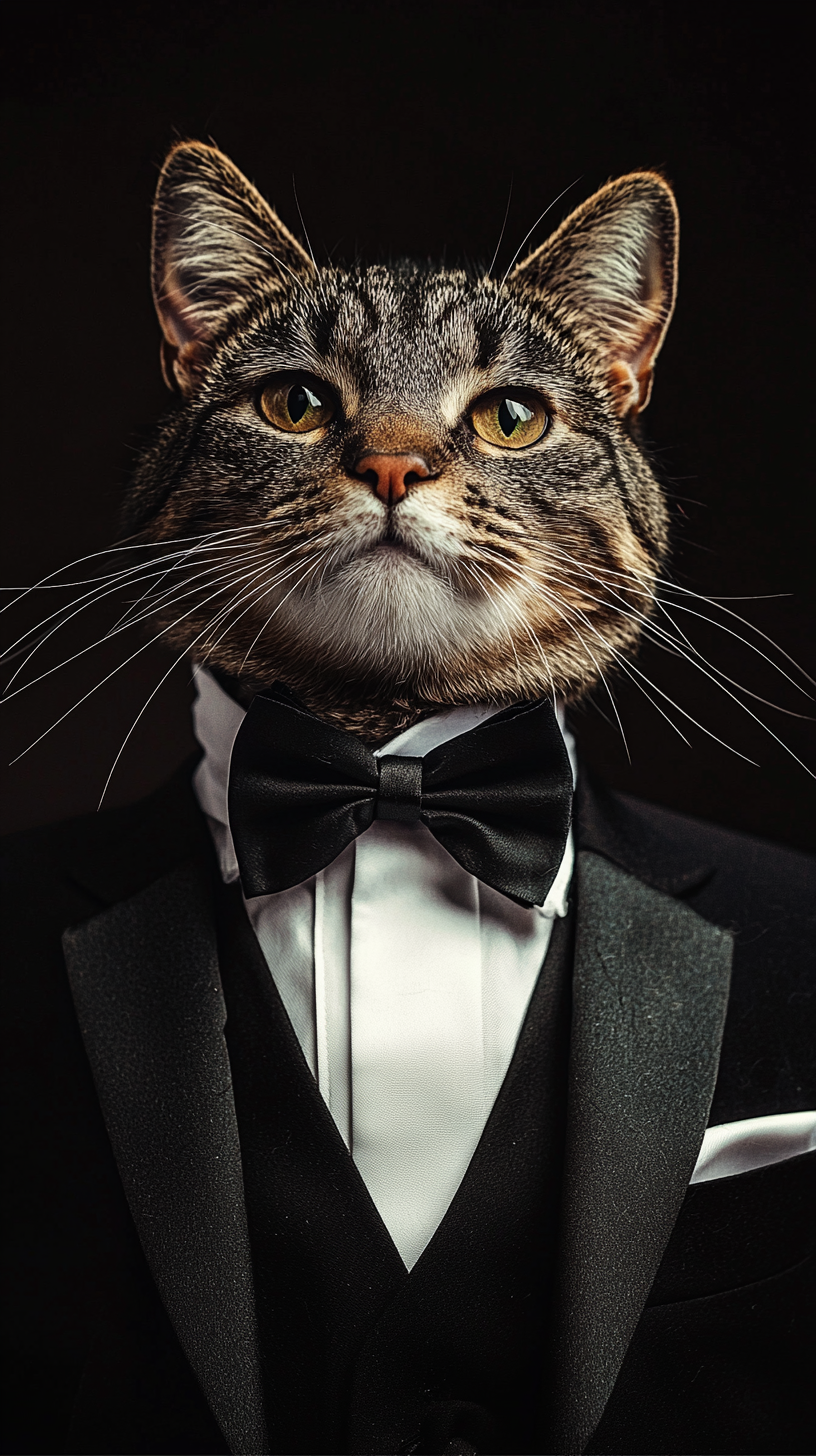 Cat in a tuxedo at a formal event, sharply focused and professional