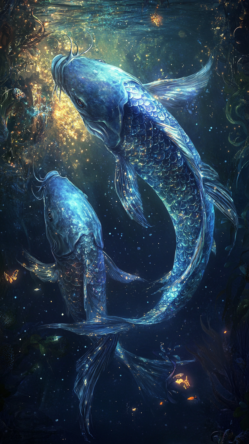 Two shimmering fish with celestial scales swimming in a magical, bioluminescent ocean