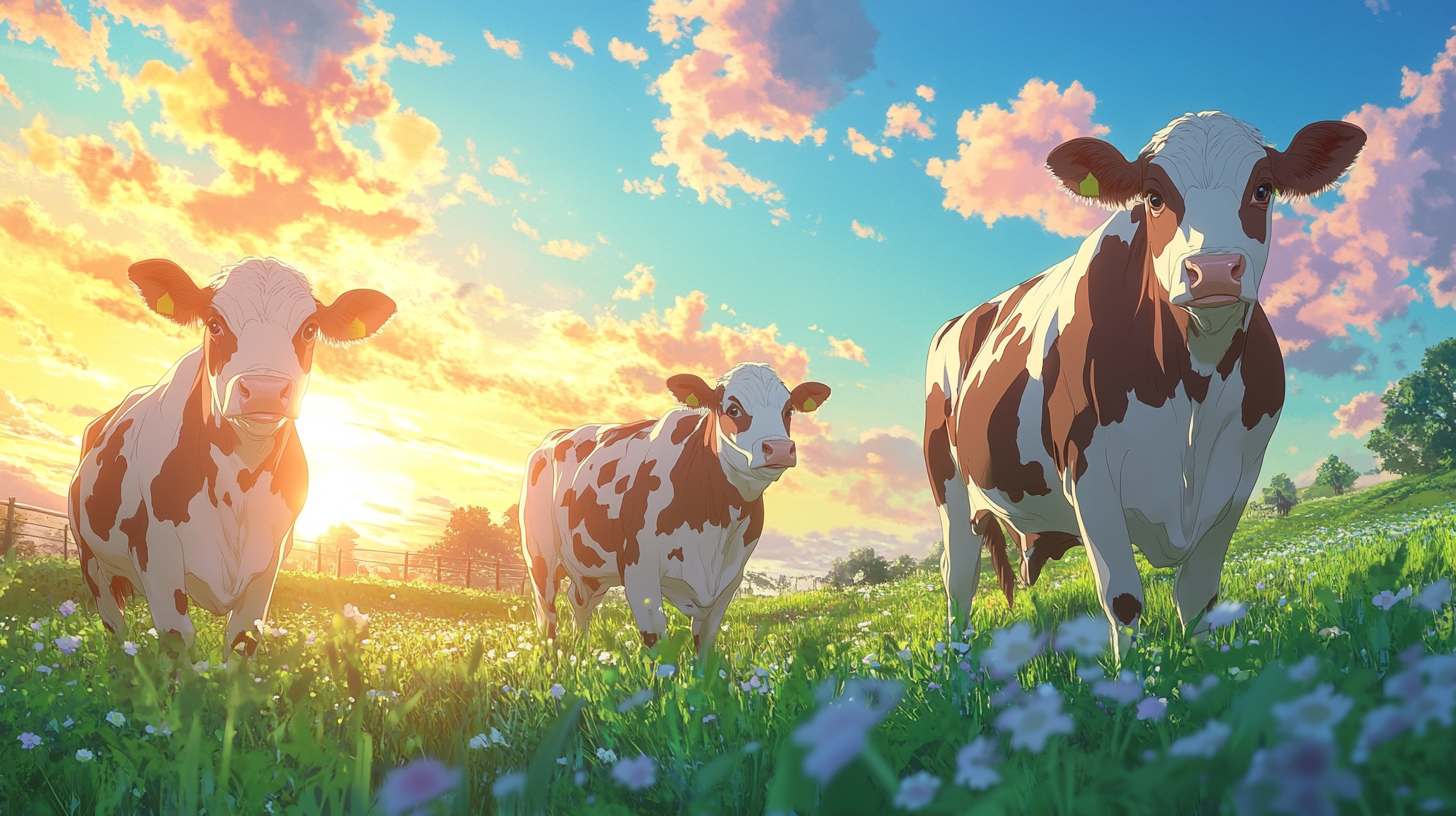 Serene farm scene with three cow breeds under a vibrant sky in anime style