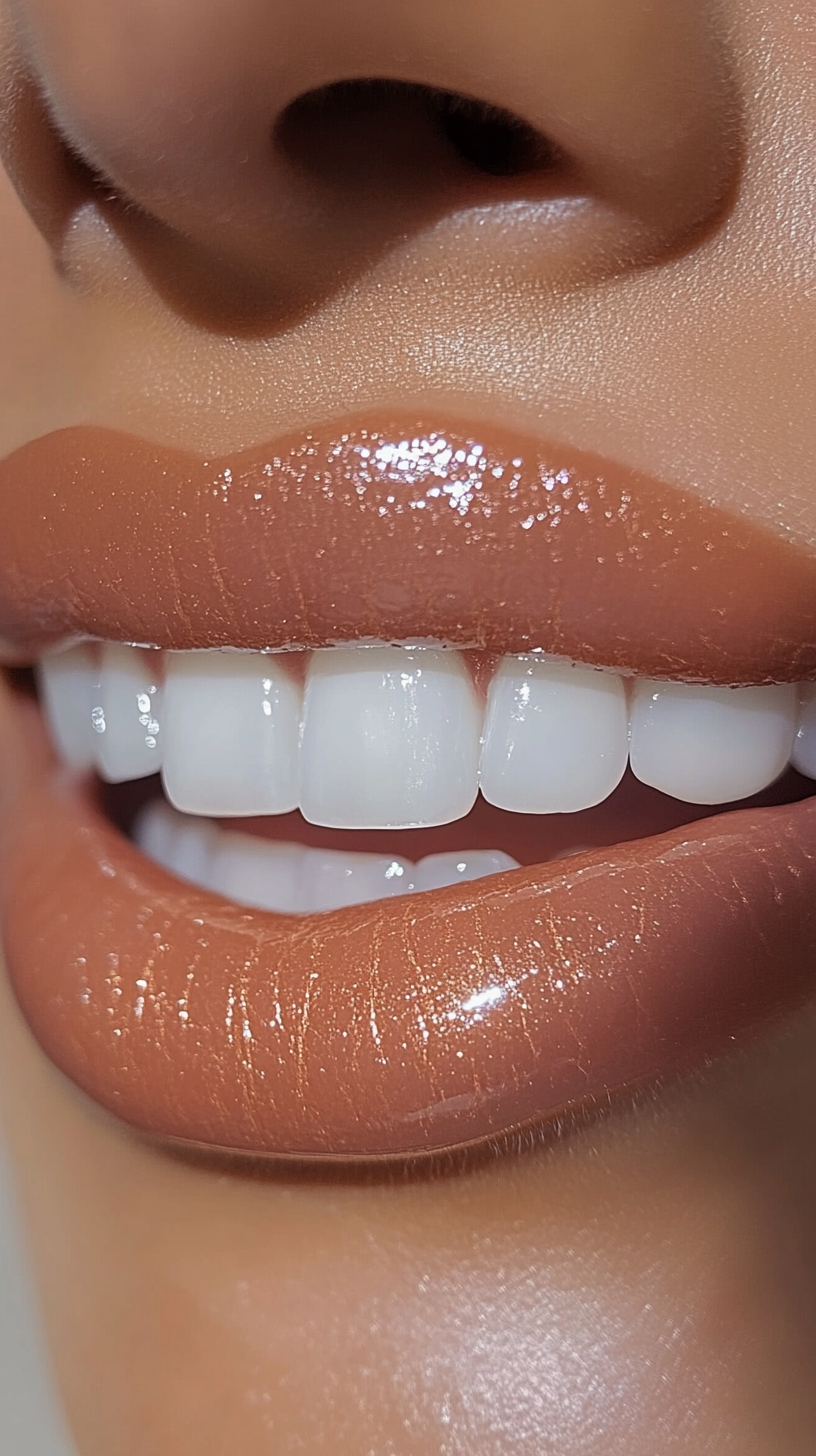 Close-up of slightly open mouth showing white teeth with small cracks, angled at 45 degrees