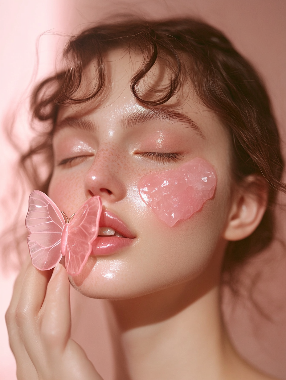 Woman with glossy skin using butterfly-shaped rose quartz gua sha on chin