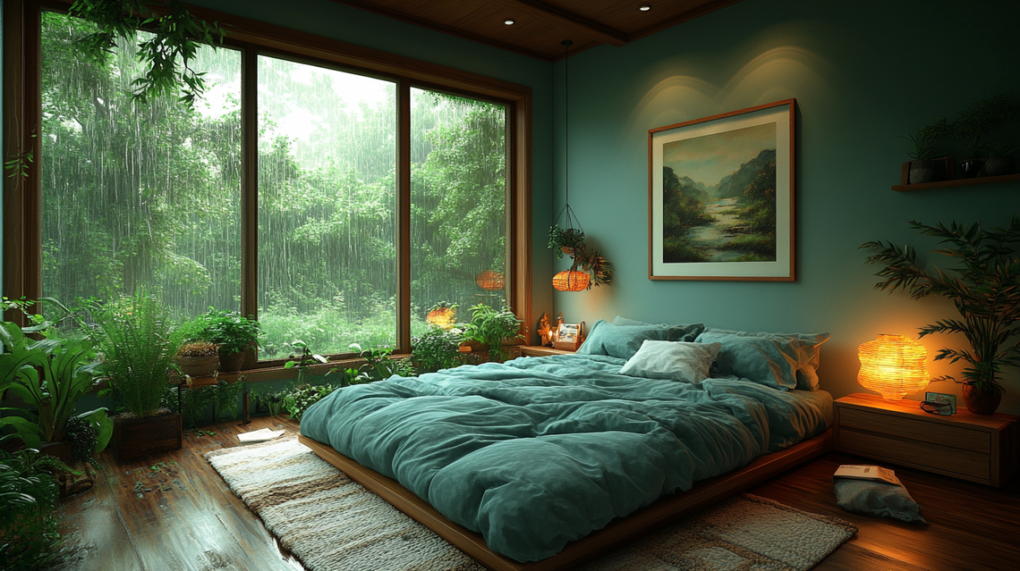 Bedroom with teal bedding, rainy window, warm lamp, and potted plants