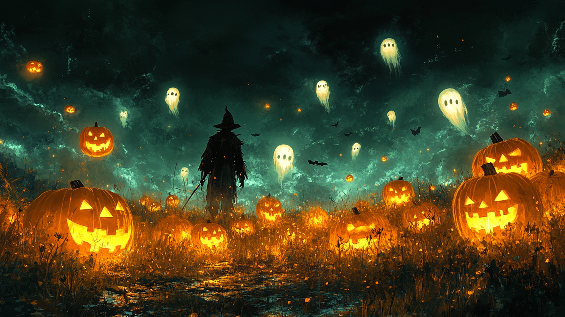 Illustration of a field of glowing jack-o'-lanterns at night with a scarecrow, hovering bats, and ghostly figures