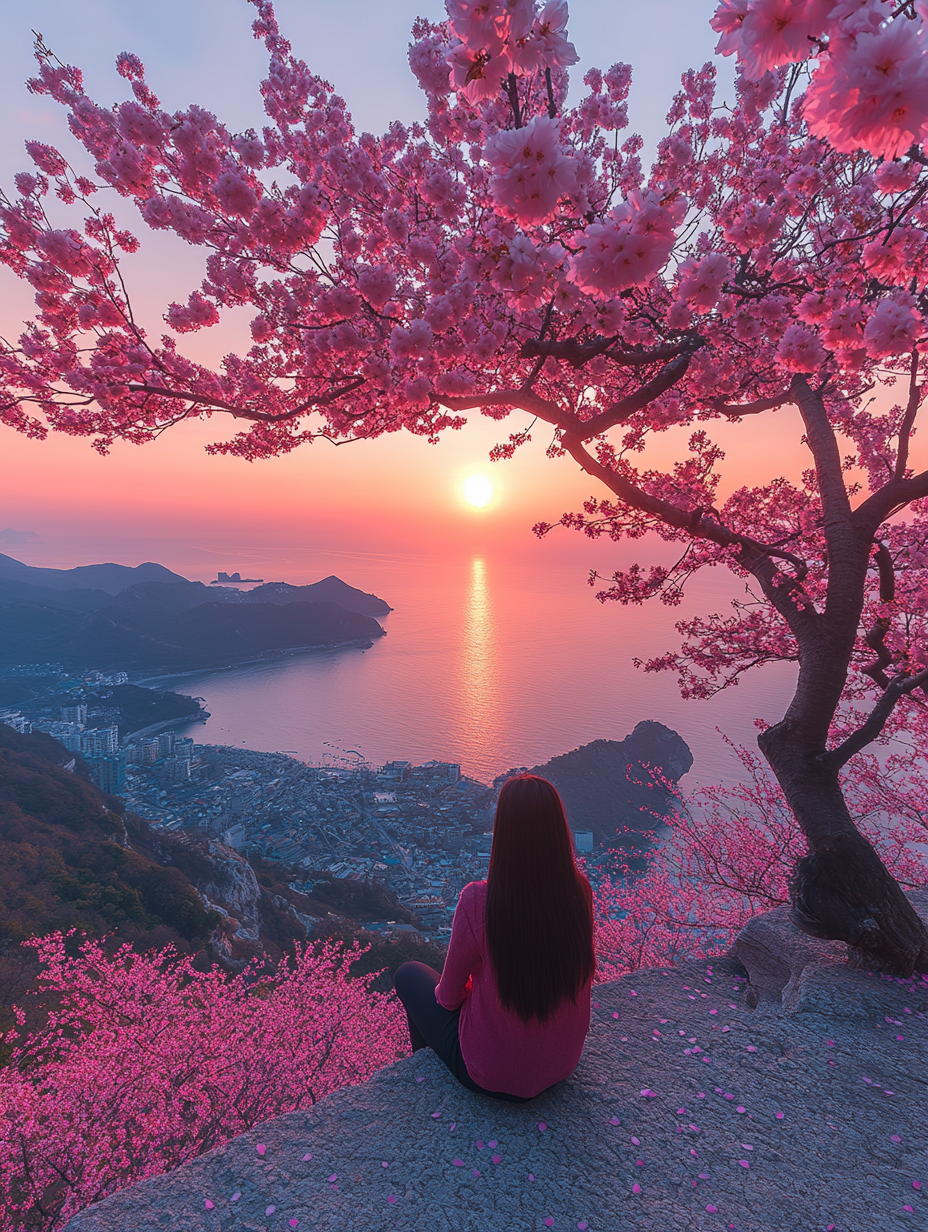 Woman under a pink cherry blossom tree by the ocean at sunset, with vibrant pink and orange sky