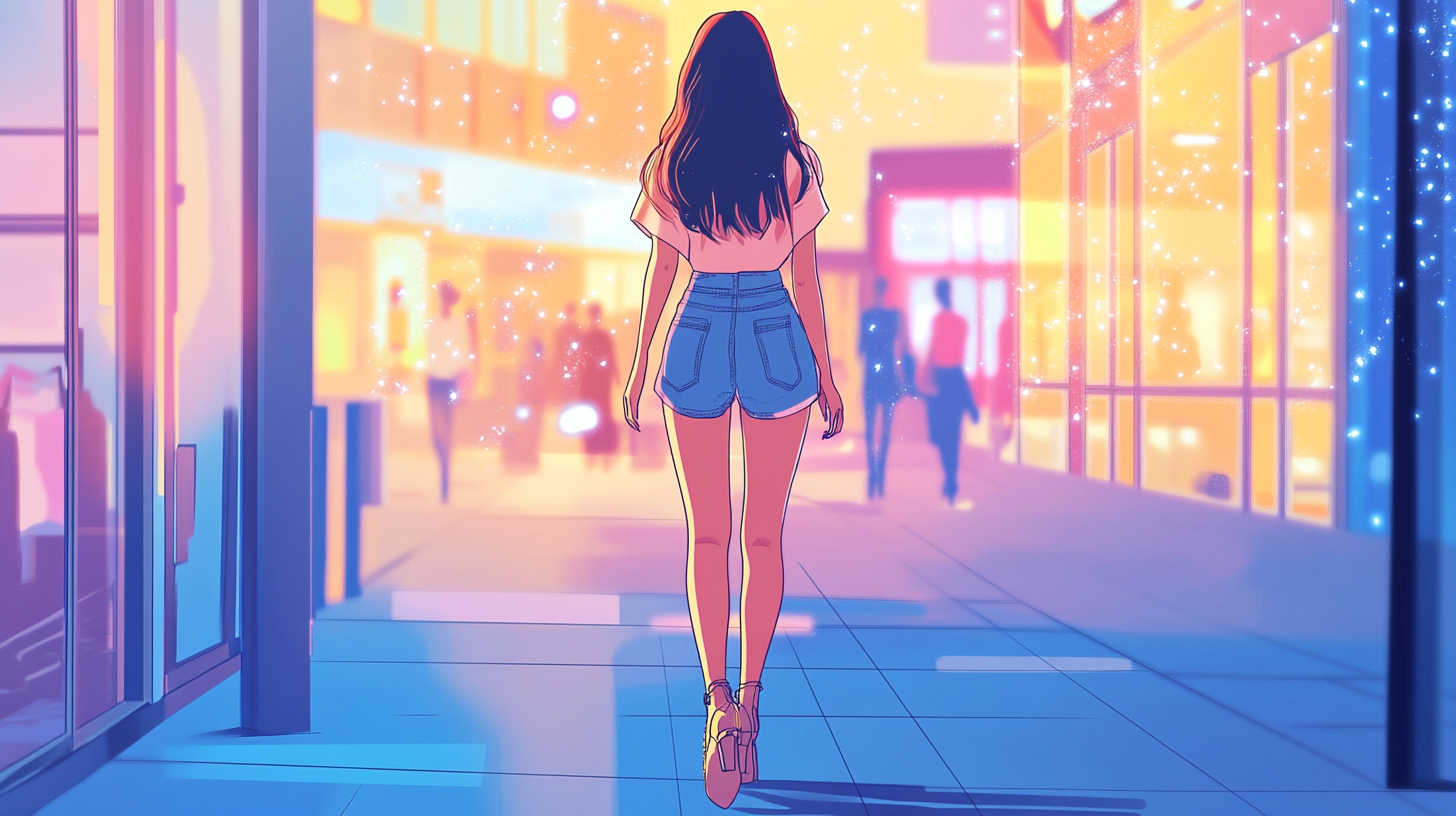 Back view of young woman in stylish fashion walking down the street, anime style, soft pastel tones