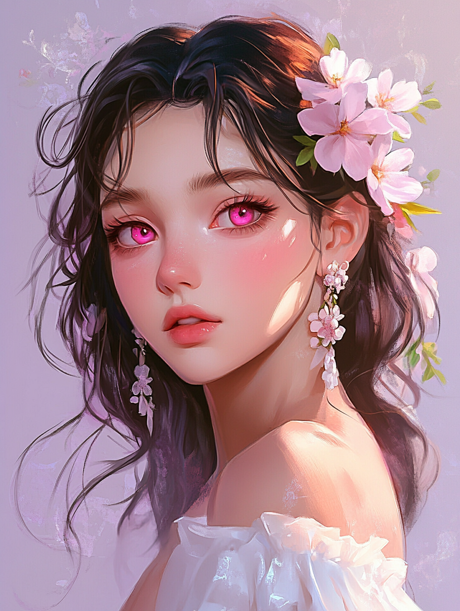 Half-body portrait of a girl with pink flowers in her hair, white dress, pink eyes, watercolor anime style