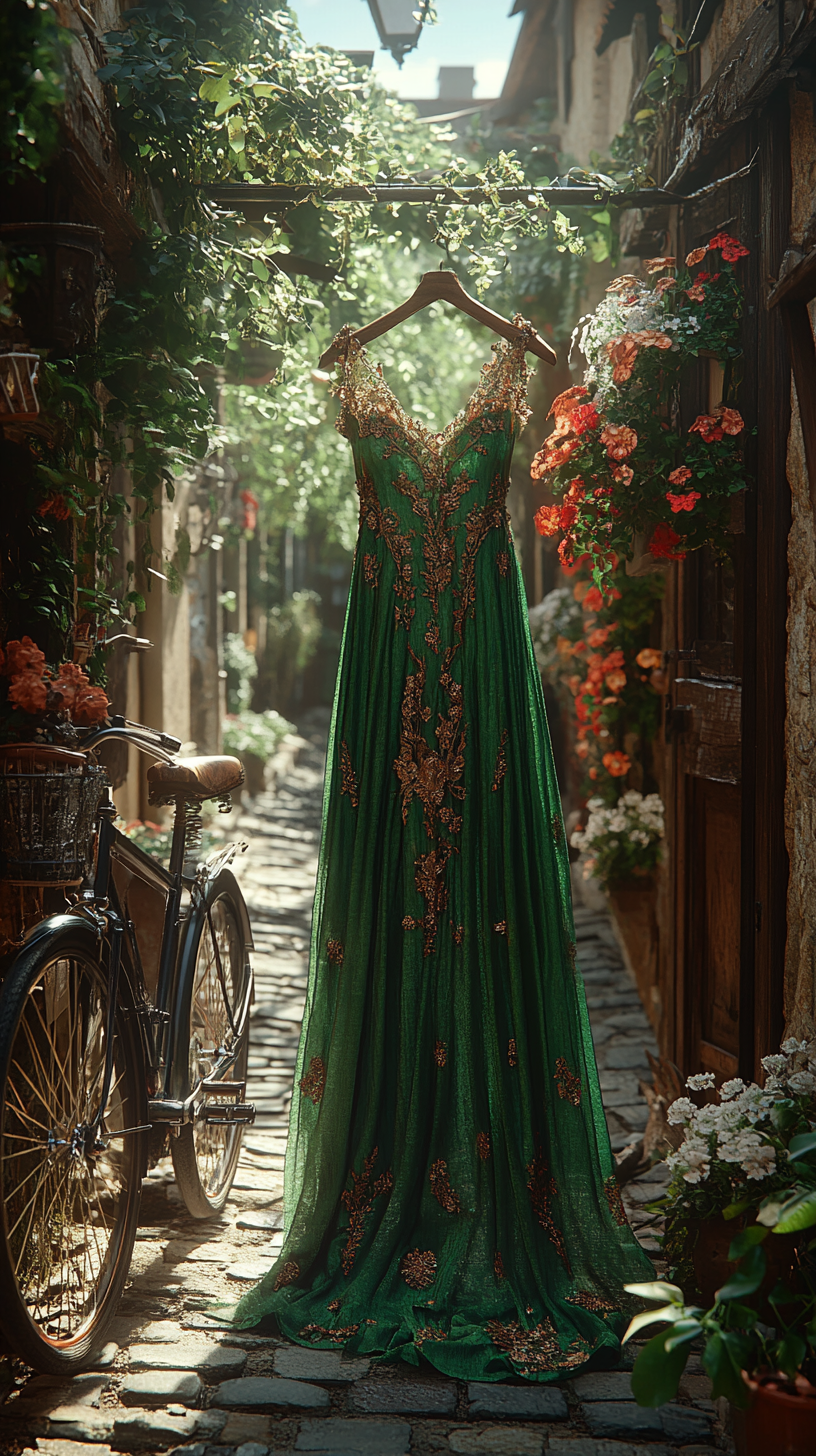 Emerald silk dress with gold embroidery on flower-adorned vintage and a bike on sunlit cobblestone street