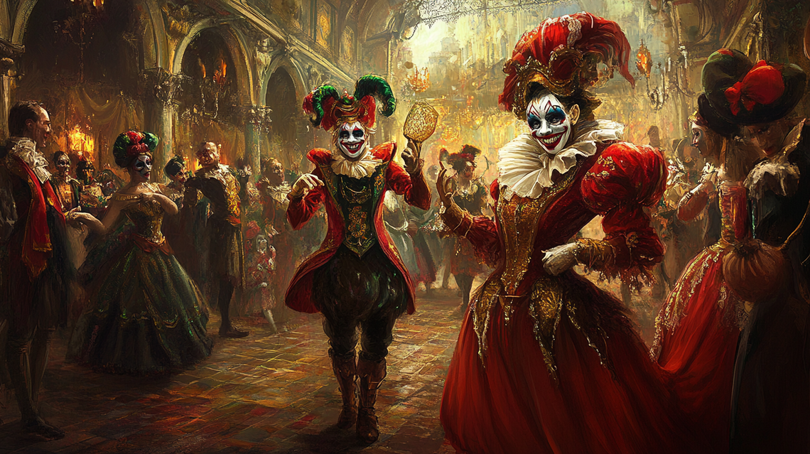 Cinematic fantasy art of Commedia dell'Arte figures in Boris Vallejo’s epic style