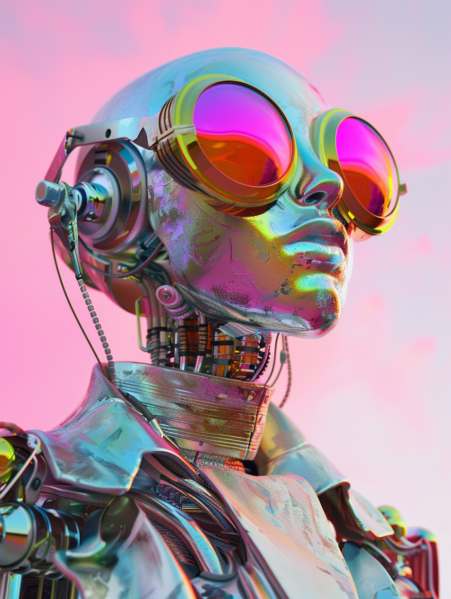 Robot with rainbow glasses and liquid metal coat, cyberpunk sci-fi art with pink sky