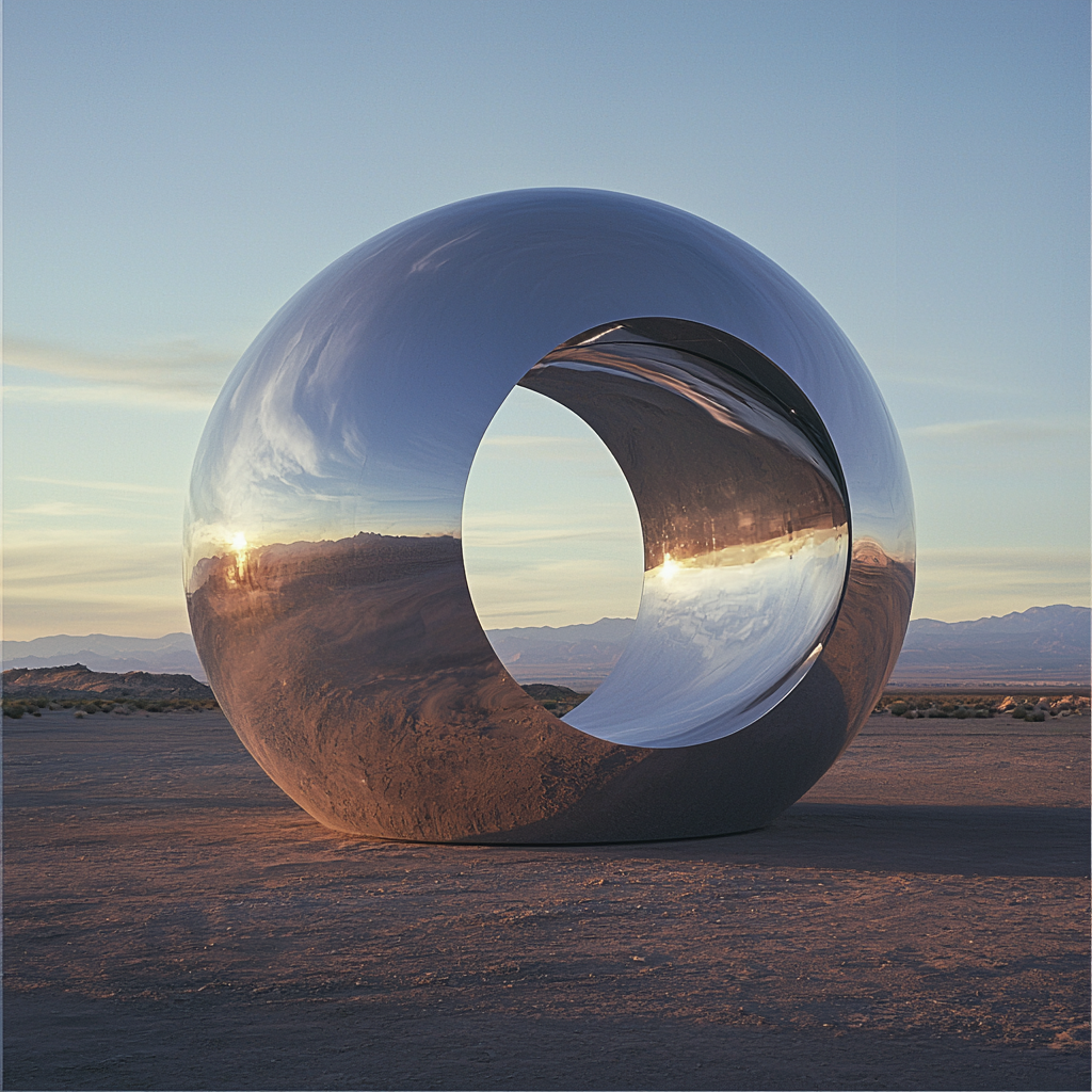 silver dome with circular cutout reflecting desert-like landscape