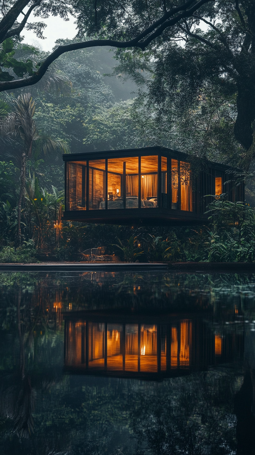 Glass house built among trees at night, surrounded by dark and humid atmosphere