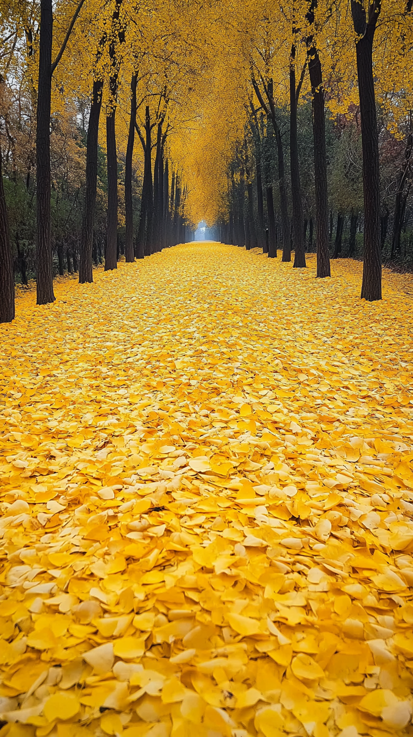 Winding path through ancient forest with golden leaves in autumn, soft light and high contrast