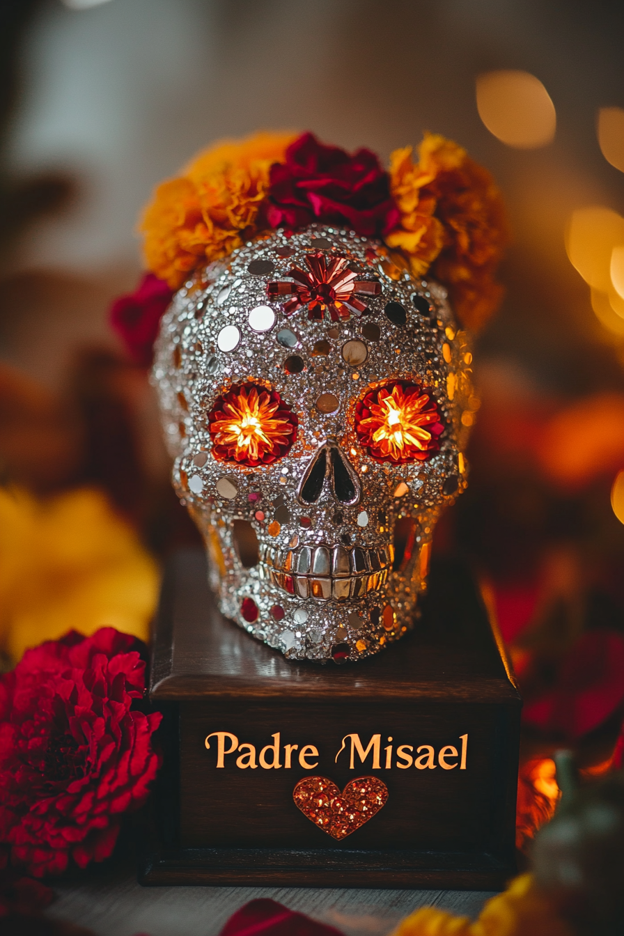 Golden sugar skull with sparkly crystals, marigold flowers, and "Padre Misael" plaque on a warm-lit altar