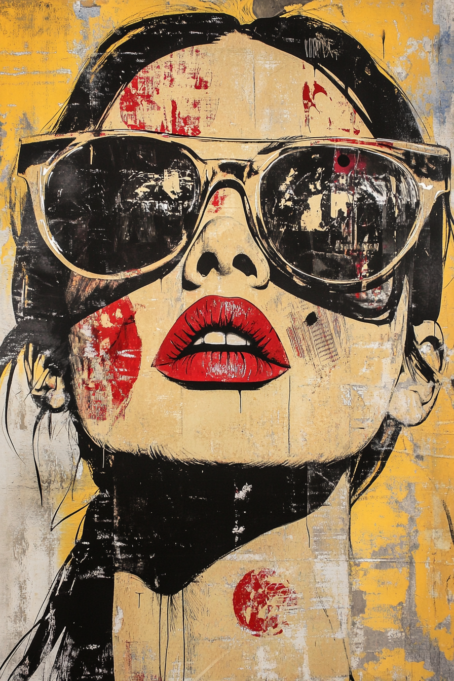 Graffiti poster of a woman with sunglasses and red lipstick, Che Guevara-inspired style