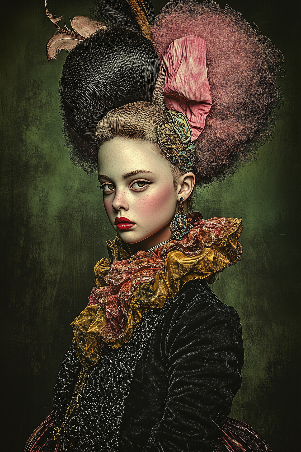 oung woman in high-fashion attire with headdress, rich colors, surrealist style, misty background