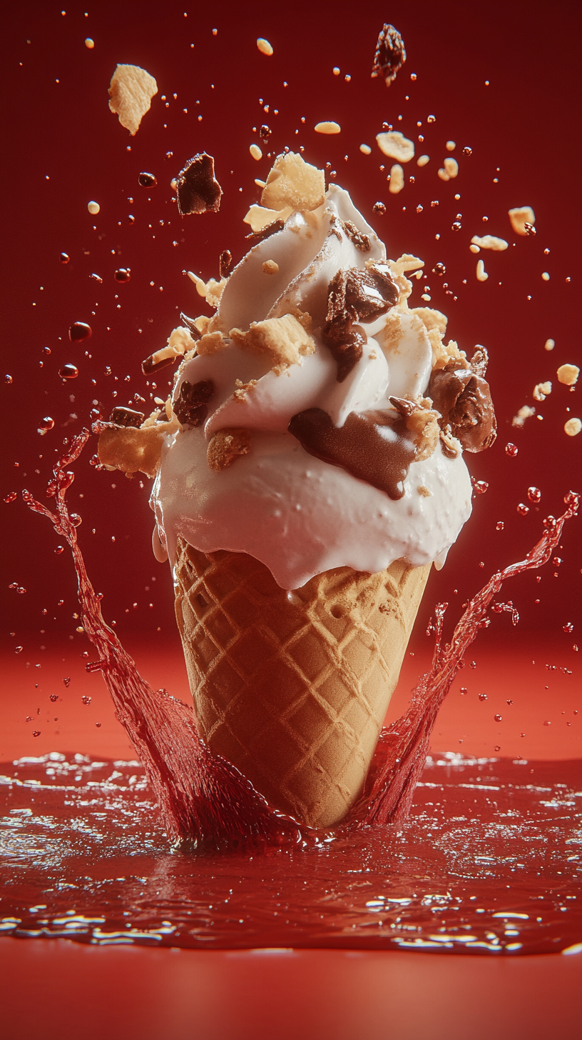 Chocolate ice cream splashing on a solid wood table, warm light, red background