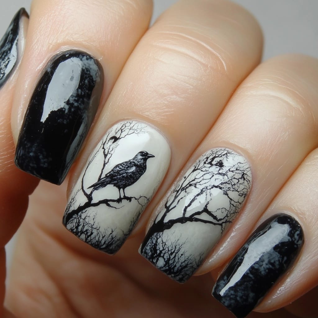 Woman with crow-themed nail art featuring dark, gothic designs.