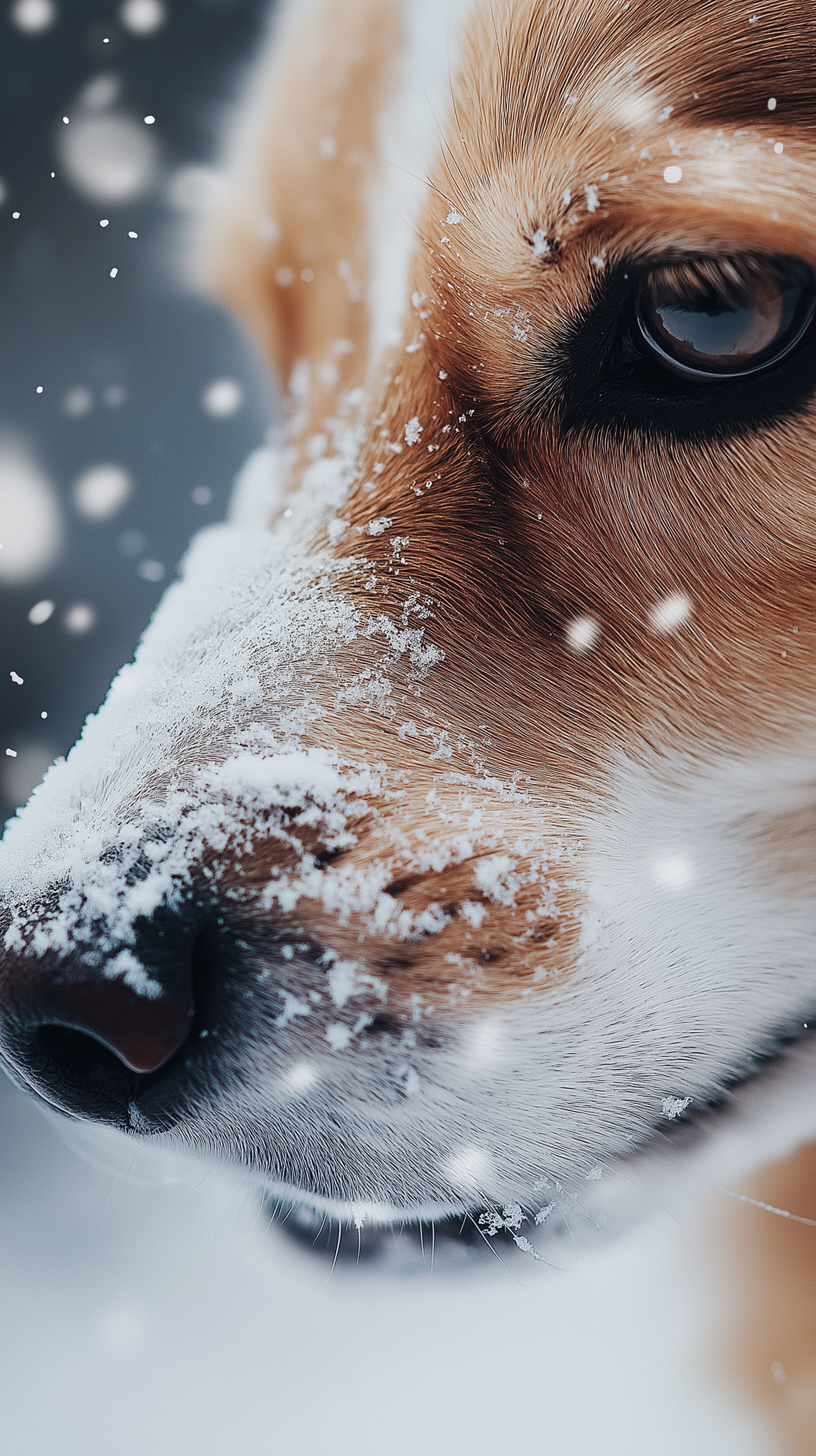 Close-up of a dog eating snow with snowflakes on its fur in a bright winter landscape