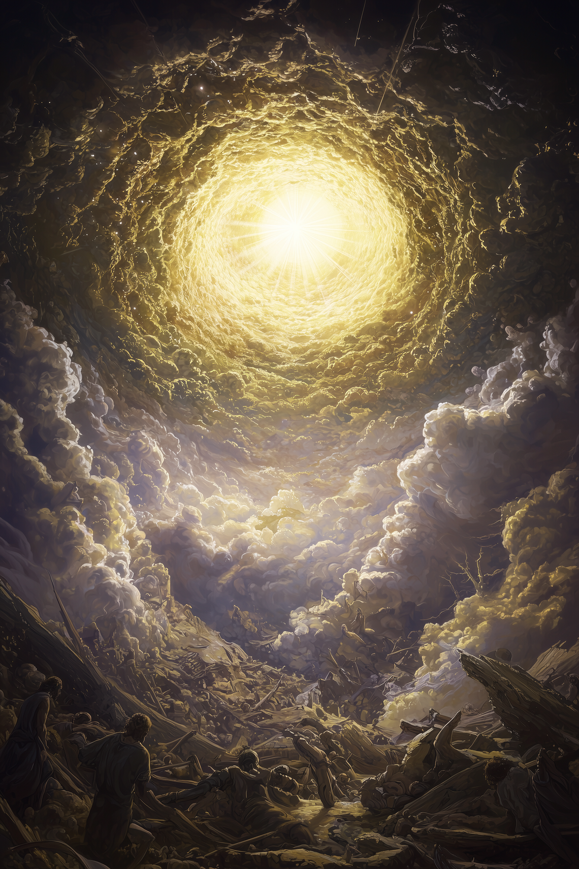 alchemical scene with glowing, detailed clouds and bright edges in cinematic HDR