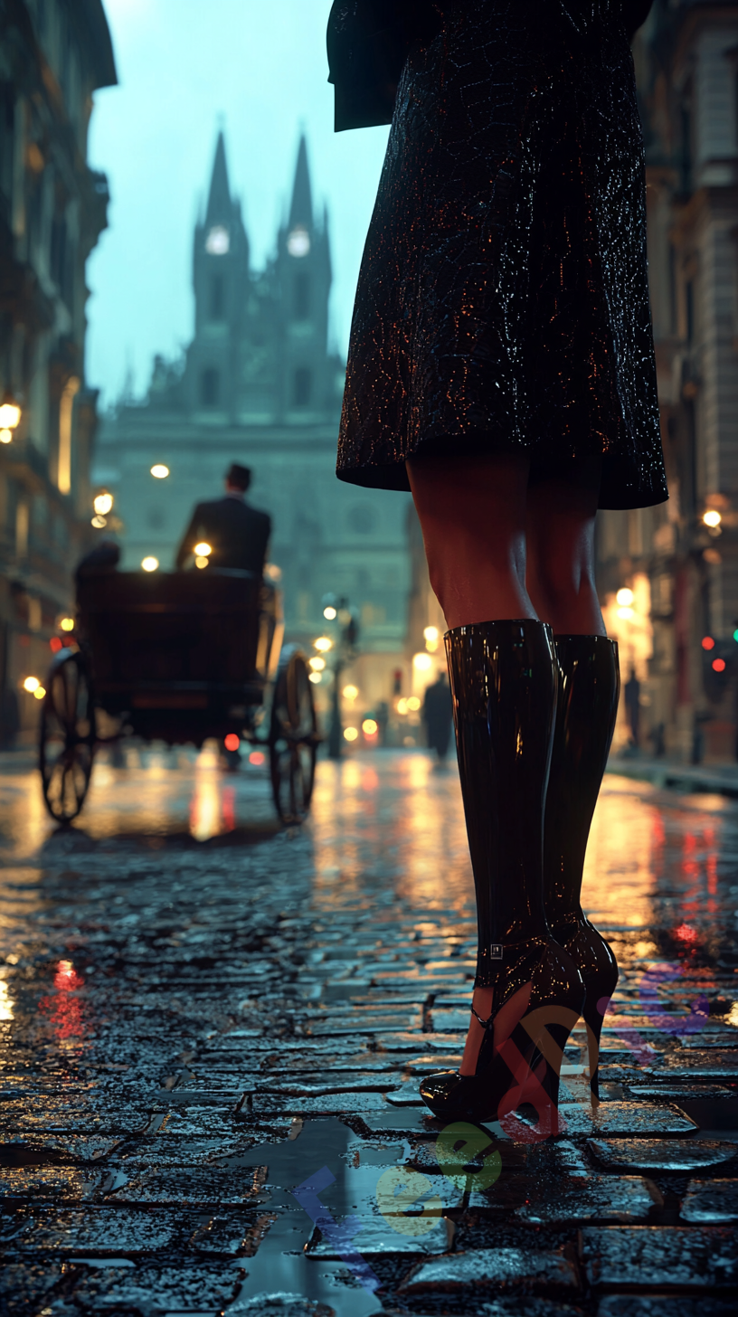 Woman in heels and vintage horse cart on rainy Milan street.