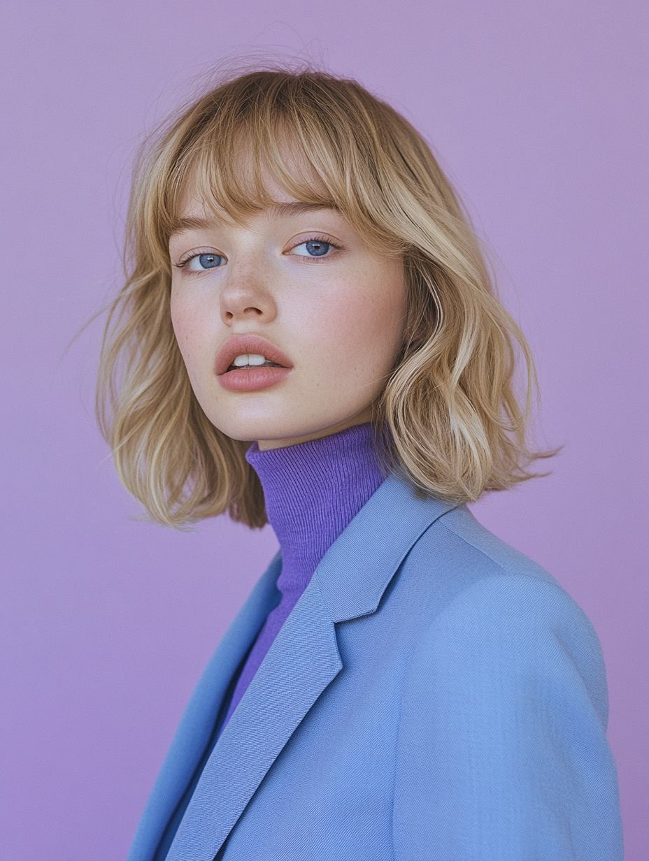 londe model with bob haircut, blue blazer, and purple turtleneck on violet background