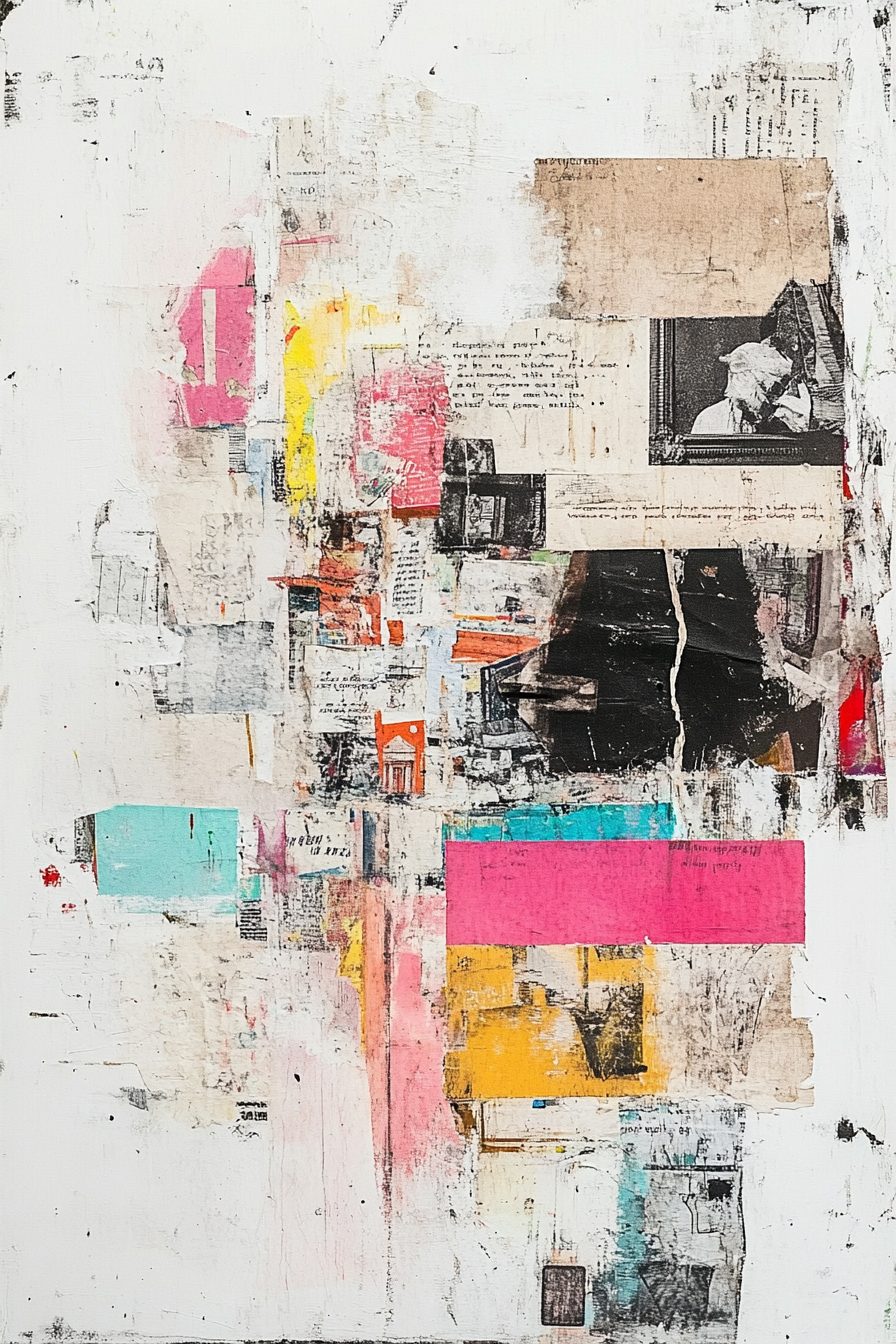 Modern mixed media artwork with paint, paper, prints, letters, and architecture