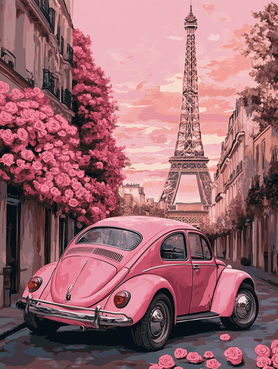 Paris street with pink roses, Beetle car, pink sky, and Eiffel Tower in paint-by-numbers style