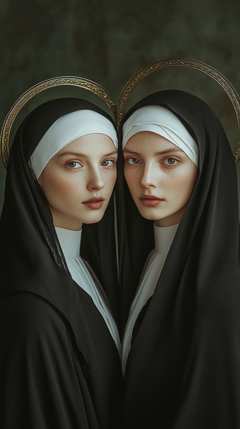 Two nuns in black robes and white veils with halos, photographed in a portrait style