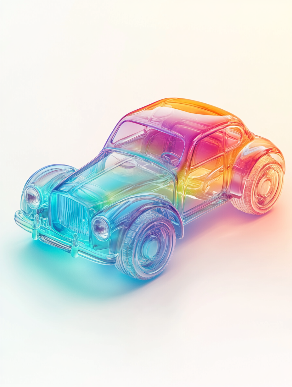 Cute retro car made of jelly with translucent body on white background