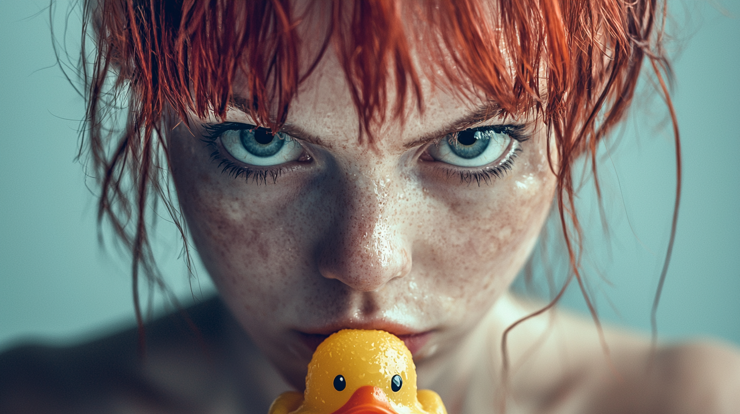 Leeloo in Commedia dell'arte style holding a rubber duck, intense and playful gaze