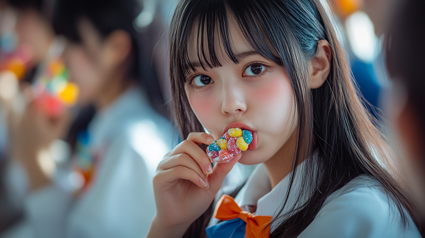 Japanese high school girl eating candy with cinematic lighting in hyper detail