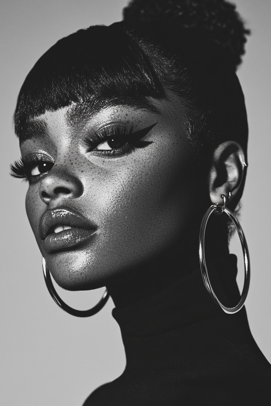 Elegant profile of a woman with tribal tattoos, hoop earrings, and vibrant makeup in desertpunk style