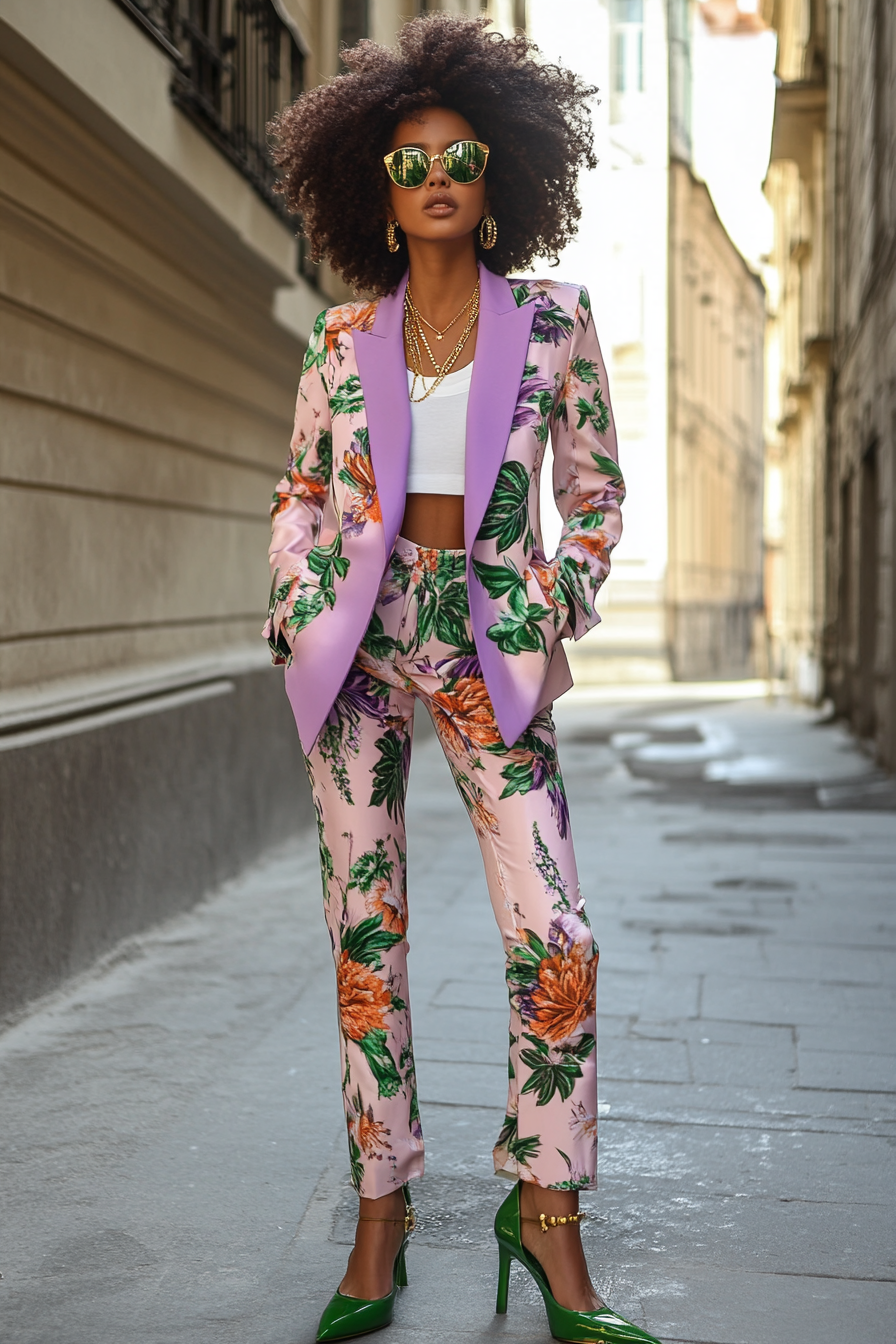 Woman in pastel pink floral suit with purple lapels, gold necklaces, and green heels