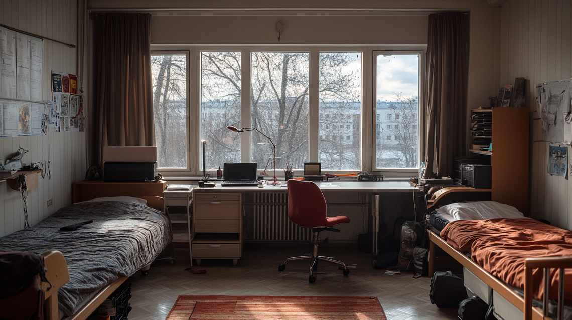 Room of twin girls in Finland, split between organized and messy, winter city view outside window