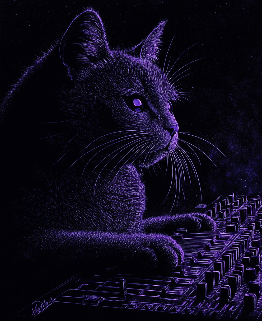 Vaporwave-style cat wizard on synthesizer, blue undertones