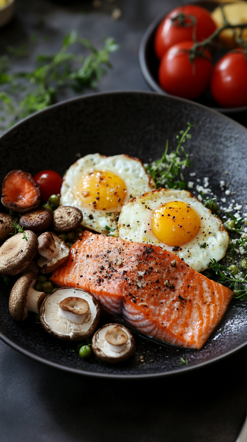 Plate with salmon, eggs, and mushrooms as sources of vitamin D