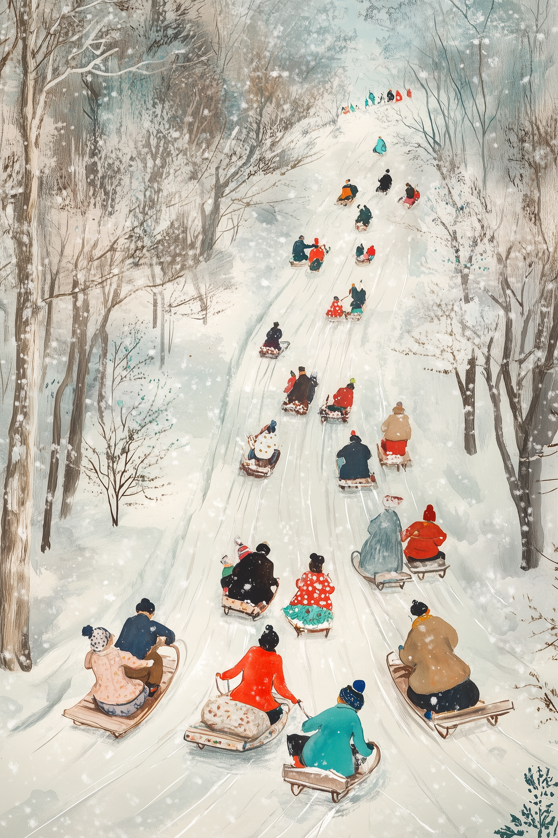 Kids on sleds racing down a snowy hill, children and adults together, surrounded by winter trees