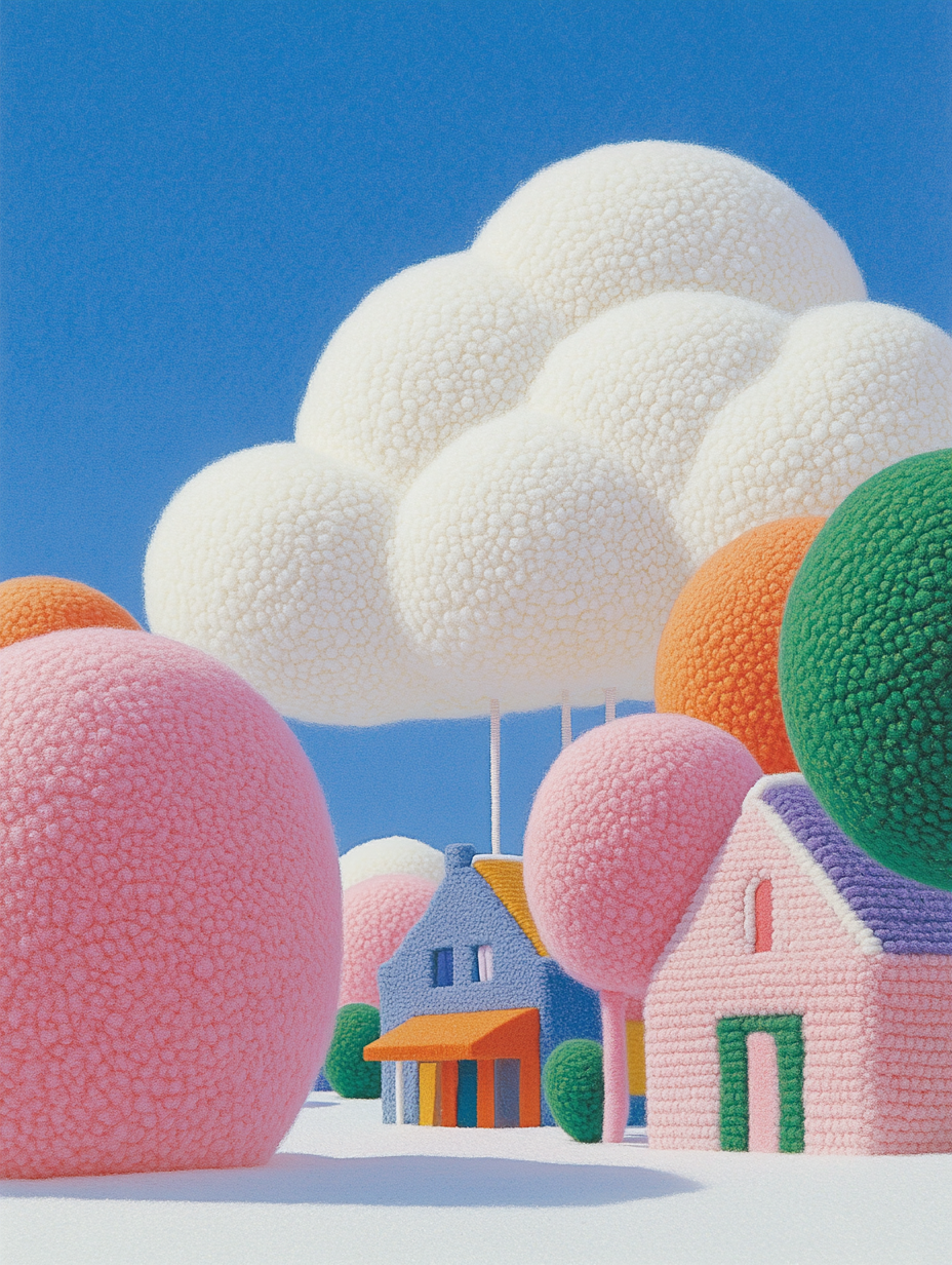 Street scene with shops and houses made of clouds and cotton candy, floating wool felt balloons above