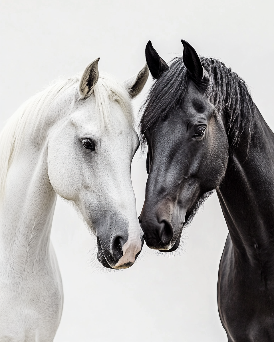 White horse and black stallion touching heads on a white background, oil-painted style