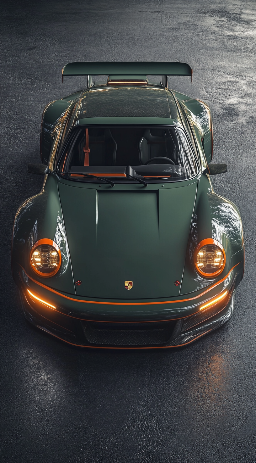 Wide-angle overhead view of matte dark green Porsche 930 with copper accents and orange fender stripes