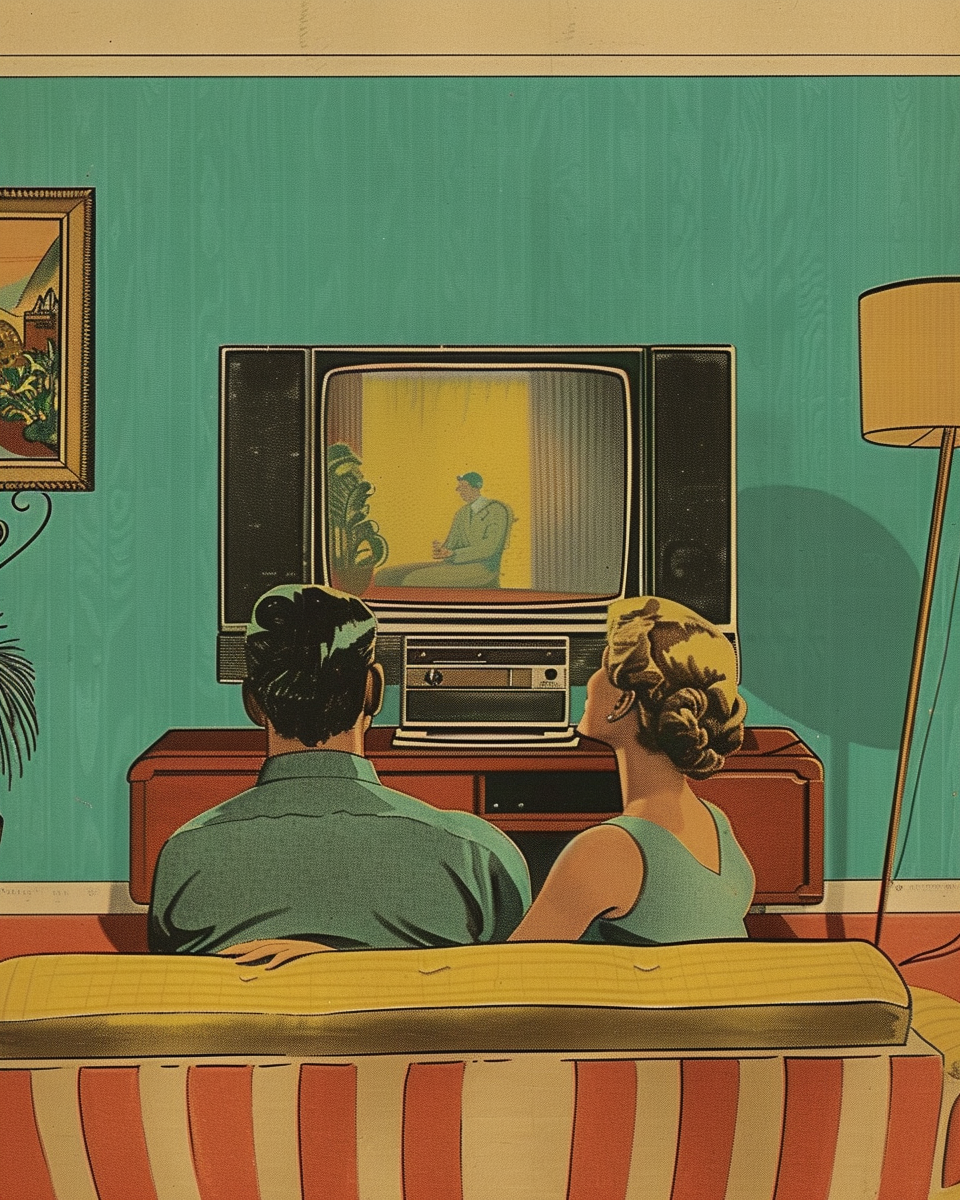 Illustration in Norman Rockwell style of a 1950s couple watching TV in a retrofuturistic living room suggesting mind control.